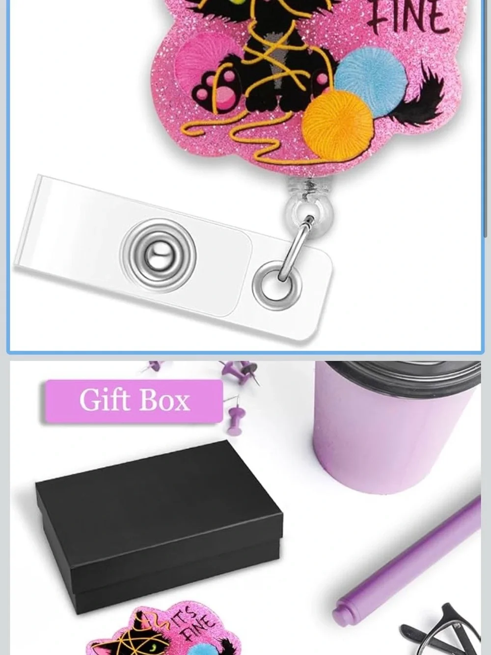 Pink black Cat Yarn “it’s fine” Badge Reel - Cute Cat Design